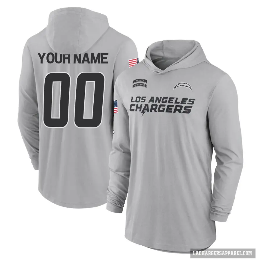 Men's ＃00 Custom Los Angeles Chargers Gray 2024 Salute to Service Lightweight Performance Long Sleeve Hooded T-Shirt