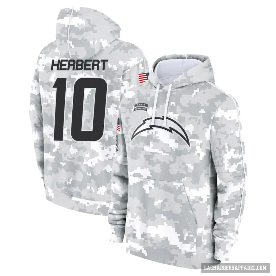Men's ＃10 Justin Herbert Los Angeles Chargers Arctic Camo 2024 Salute to Service Club Fleece Pullover Hoodie