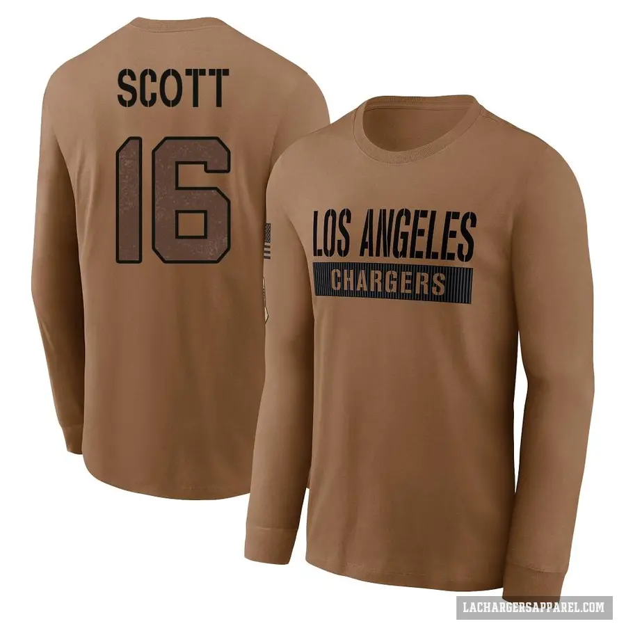 Men's ＃16 JK Scott Los Angeles Chargers Brown 2023 Salute To Service Long Sleeve T-Shirt