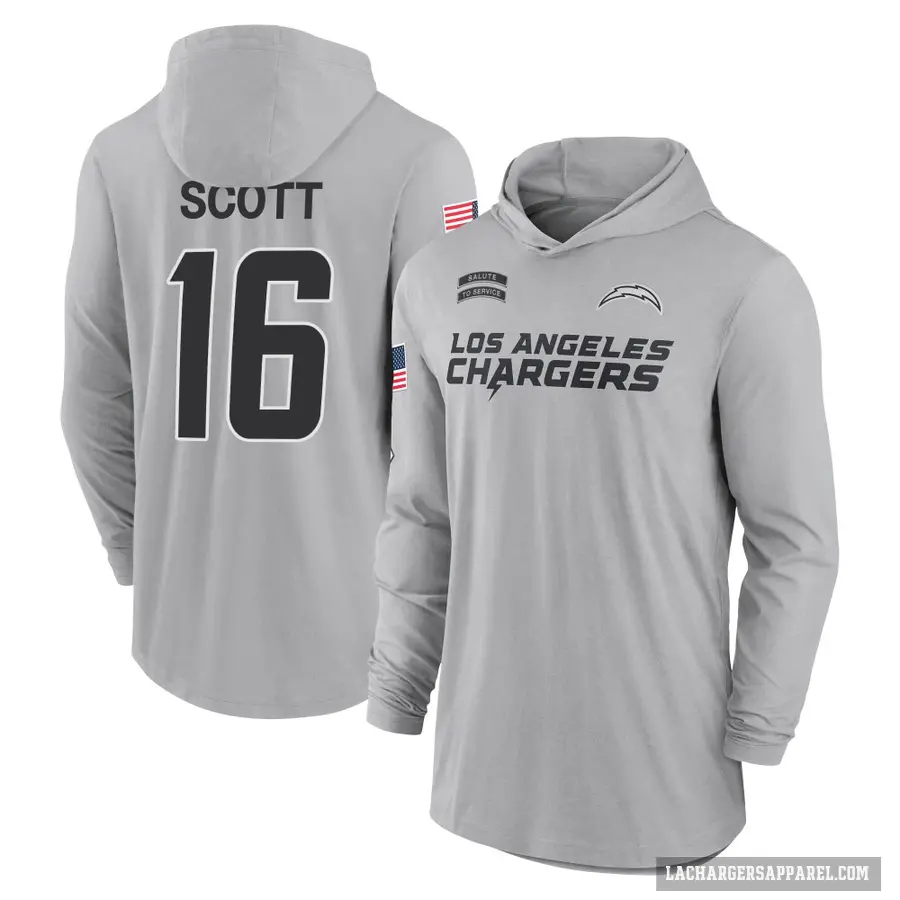 Men's ＃16 JK Scott Los Angeles Chargers Gray 2024 Salute to Service Lightweight Performance Long Sleeve Hooded T-Shirt