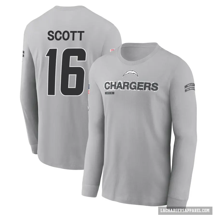 Men's ＃16 JK Scott Los Angeles Chargers Gray 2024 Salute to Service Long Sleeve T-Shirt