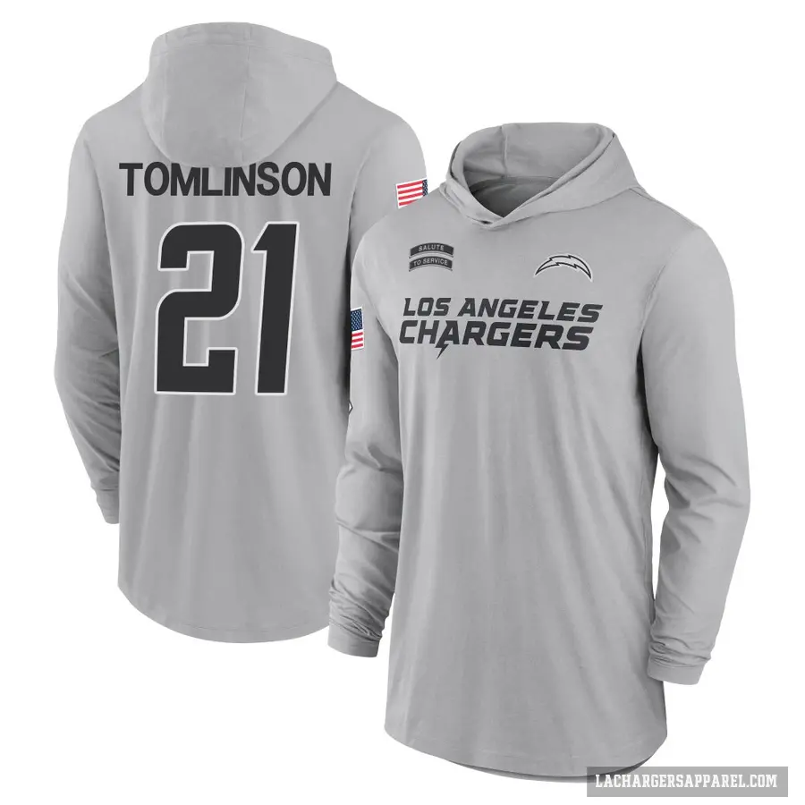 Men's ＃21 LaDainian Tomlinson Los Angeles Chargers Gray 2024 Salute to Service Lightweight Performance Long Sleeve Hooded T-Shir