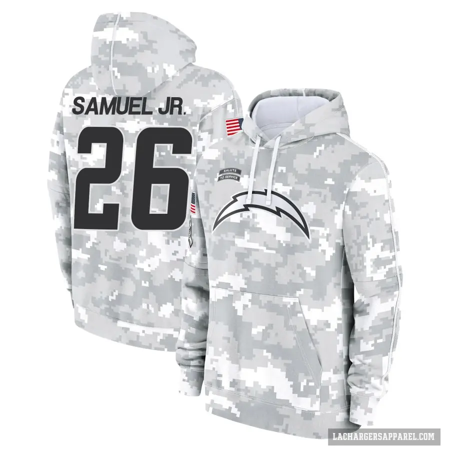 Men's ＃26 Asante Samuel Jr. Los Angeles Chargers Arctic Camo 2024 Salute to Service Club Fleece Pullover Hoodie