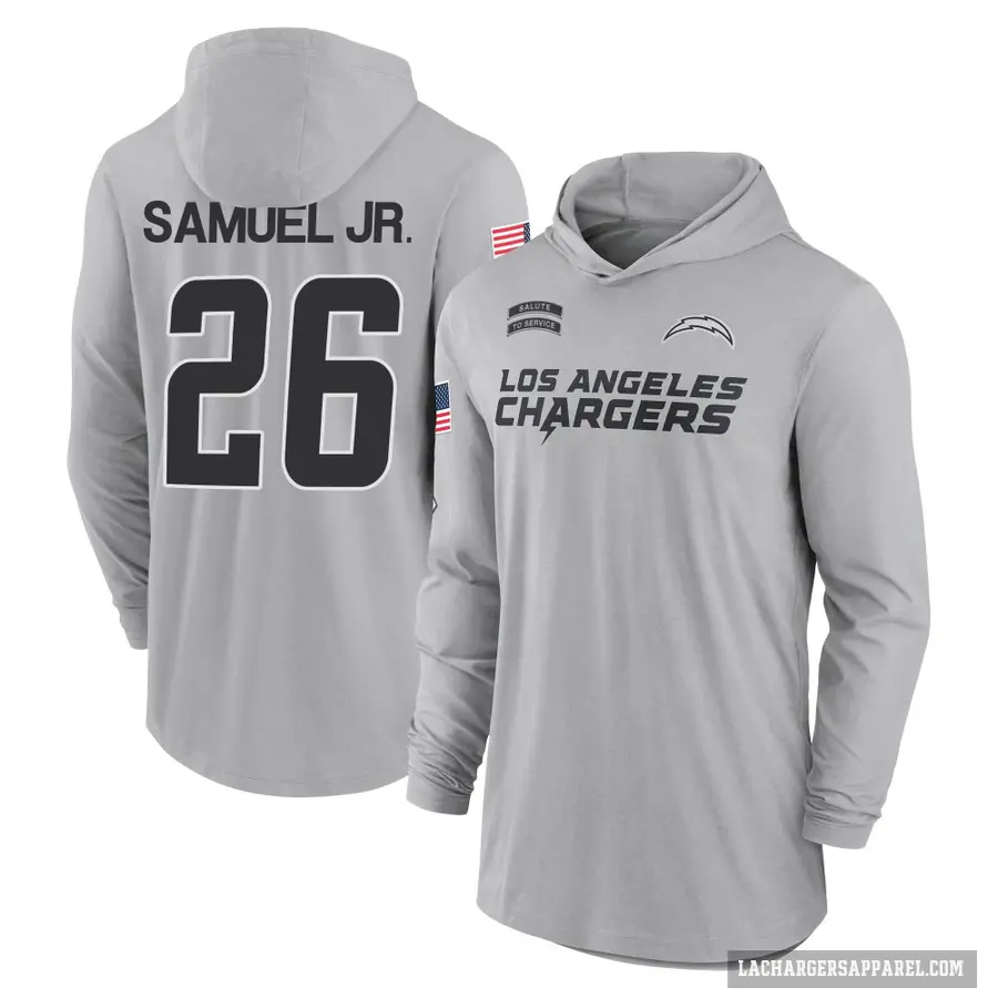 Men's ＃26 Asante Samuel Jr. Los Angeles Chargers Gray 2024 Salute to Service Lightweight Performance Long Sleeve Hooded T-Shirt