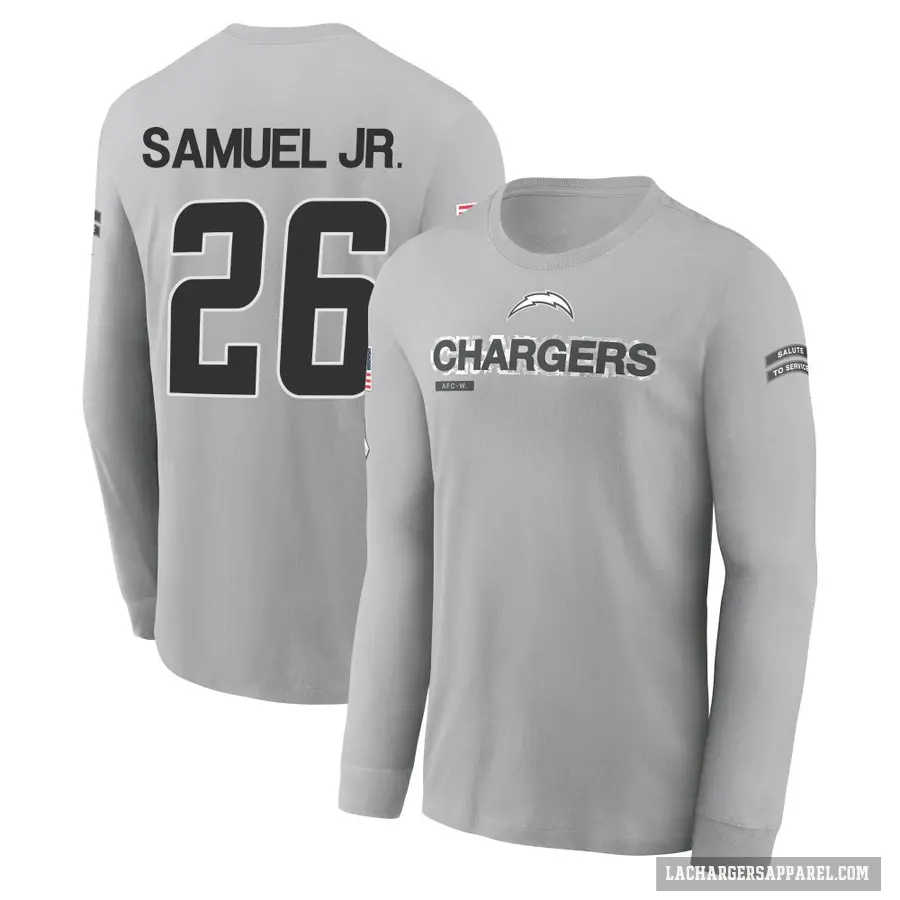 Men's ＃26 Asante Samuel Jr. Los Angeles Chargers Gray 2024 Salute to Service Long Sleeve T-Shirt