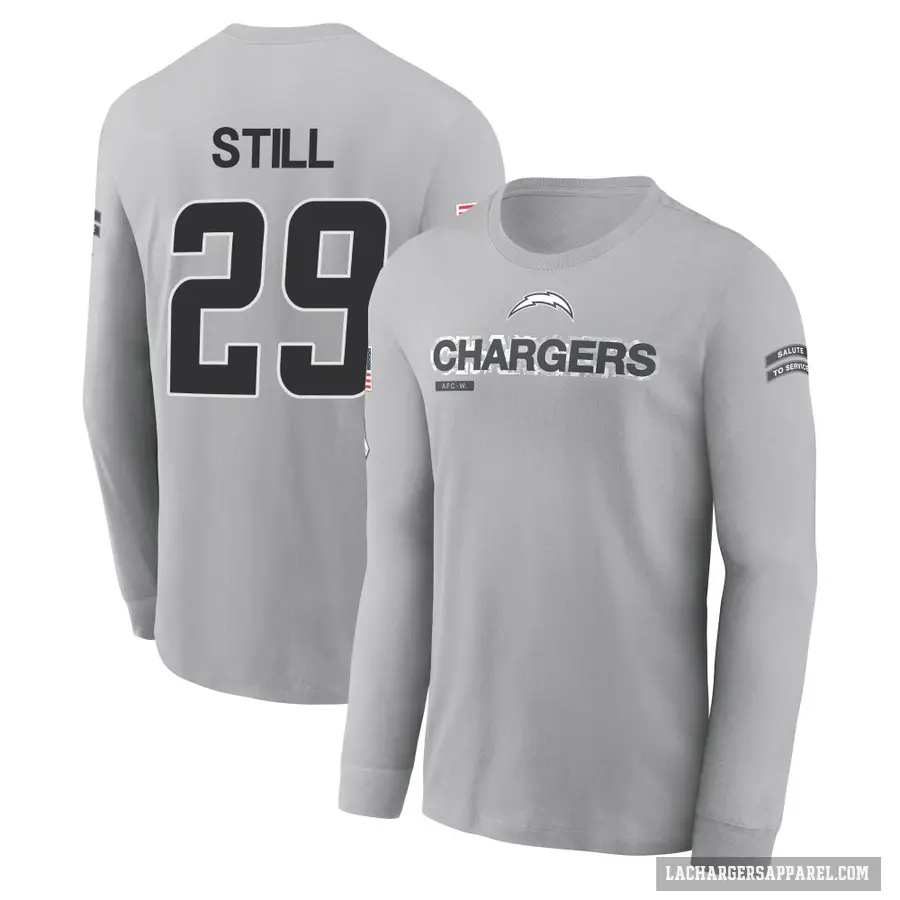 Men's ＃29 Tarheeb Still Los Angeles Chargers Gray 2024 Salute to Service Long Sleeve T-Shirt