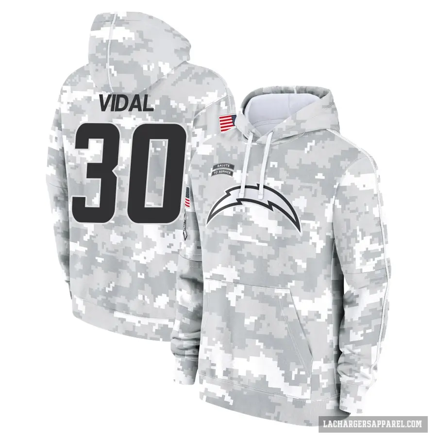 Men's ＃30 Kimani Vidal Los Angeles Chargers Arctic Camo 2024 Salute to Service Club Fleece Pullover Hoodie