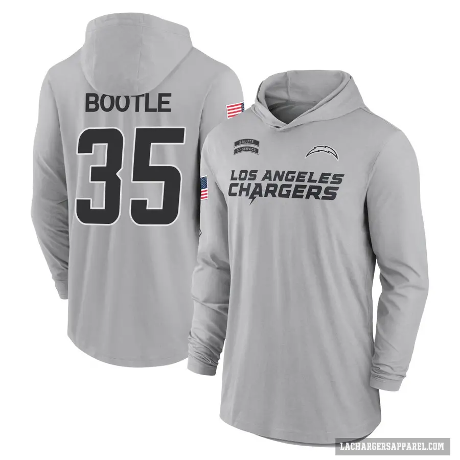 Men's ＃35 Dicaprio Bootle Los Angeles Chargers Gray 2024 Salute to Service Lightweight Performance Long Sleeve Hooded T-Shirt