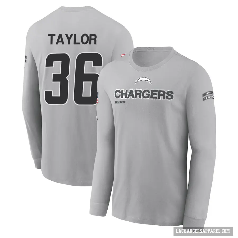 Men's ＃36 Ja'Sir Taylor Los Angeles Chargers Gray 2024 Salute to Service Long Sleeve T-Shirt