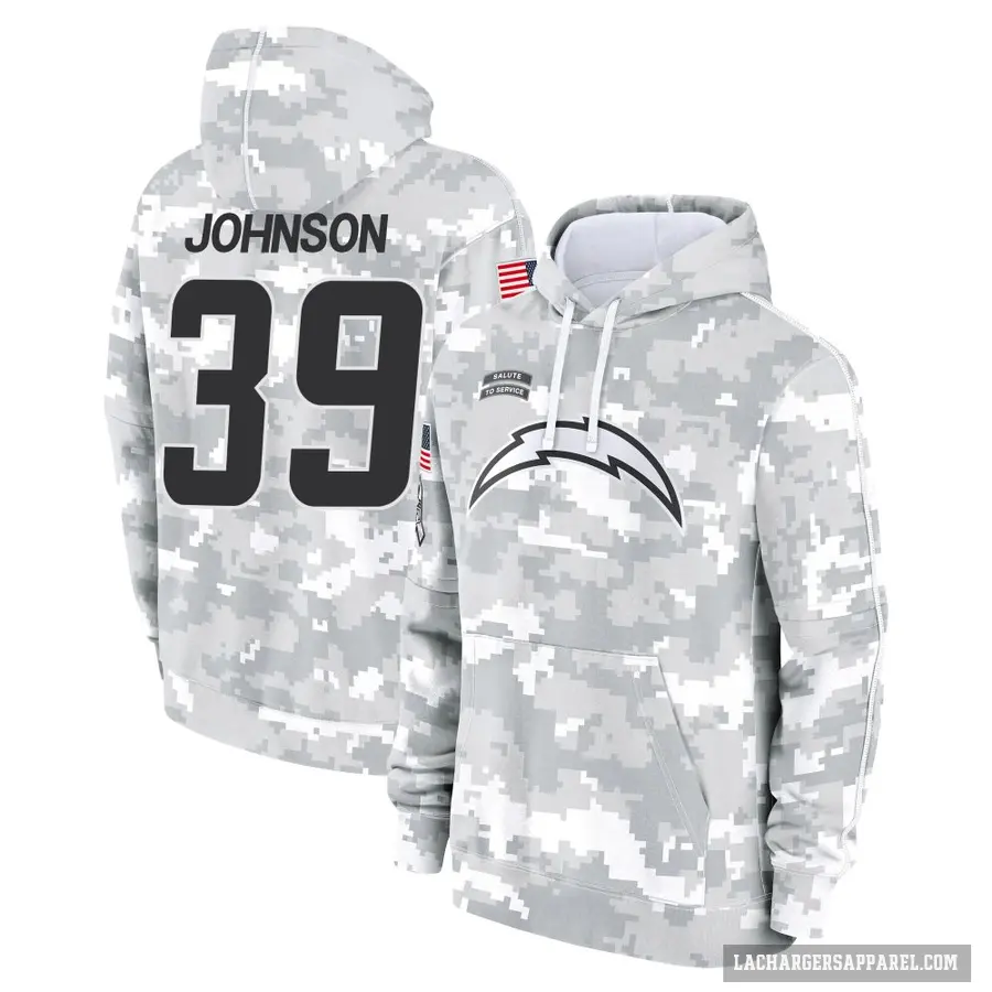 Men's ＃39 Jaylen Johnson Los Angeles Chargers Arctic Camo 2024 Salute to Service Club Fleece Pullover Hoodie