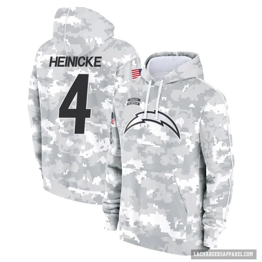 Men's ＃4 Taylor Heinicke Los Angeles Chargers Arctic Camo 2024 Salute to Service Club Fleece Pullover Hoodie