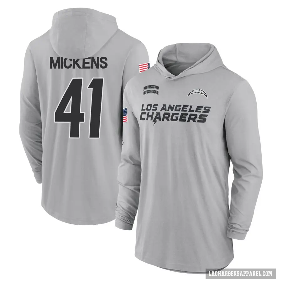 Men's ＃41 R.J. Mickens Los Angeles Chargers Gray 2024 Salute to Service Lightweight Performance Long Sleeve Hooded T-Shirt
