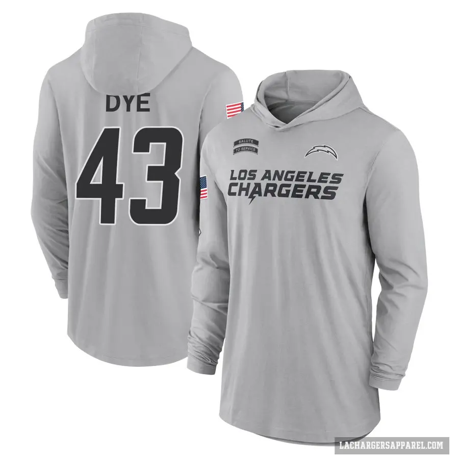 Men's ＃43 Troy Dye Los Angeles Chargers Gray 2024 Salute to Service Lightweight Performance Long Sleeve Hooded T-Shirt