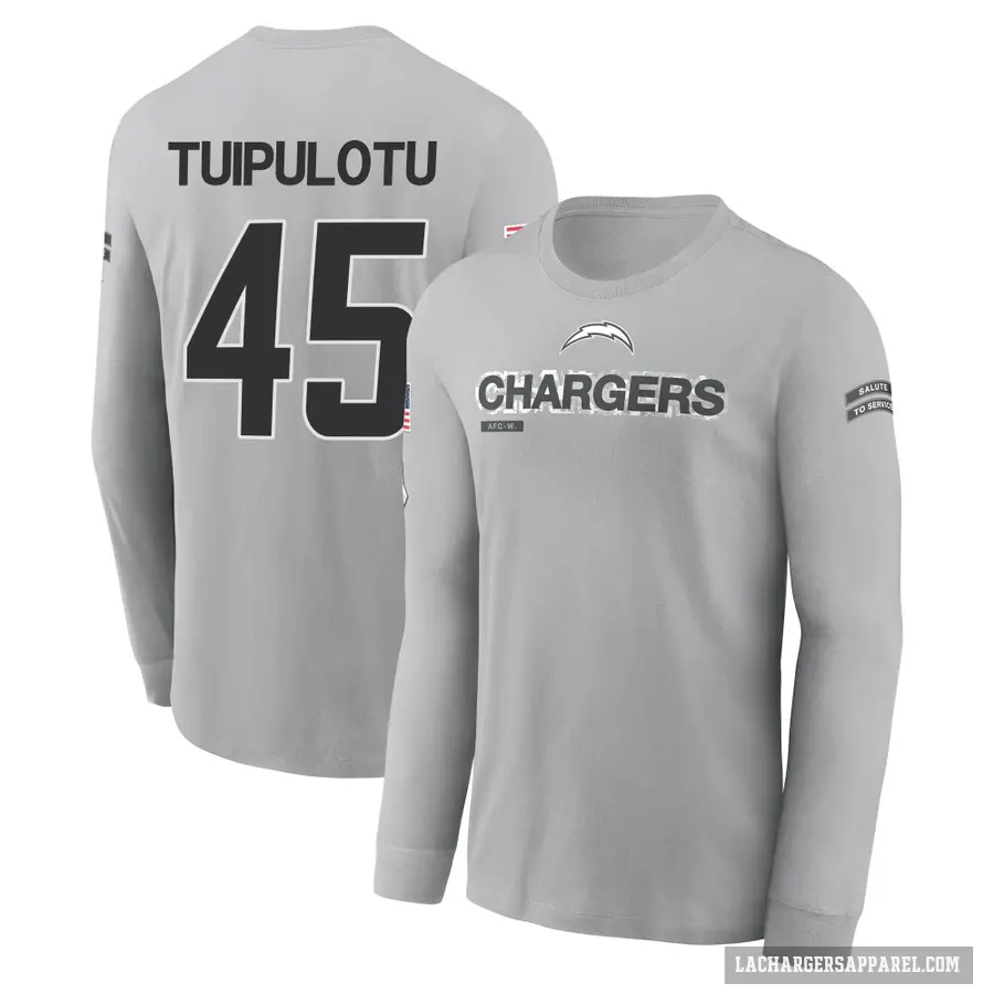 Men's ＃45 Tuli Tuipulotu Los Angeles Chargers Gray 2024 Salute to Service Long Sleeve T-Shirt