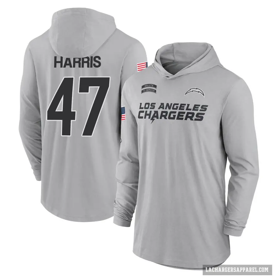 Men's ＃47 Josh Harris Los Angeles Chargers Gray 2024 Salute to Service Lightweight Performance Long Sleeve Hooded T-Shirt