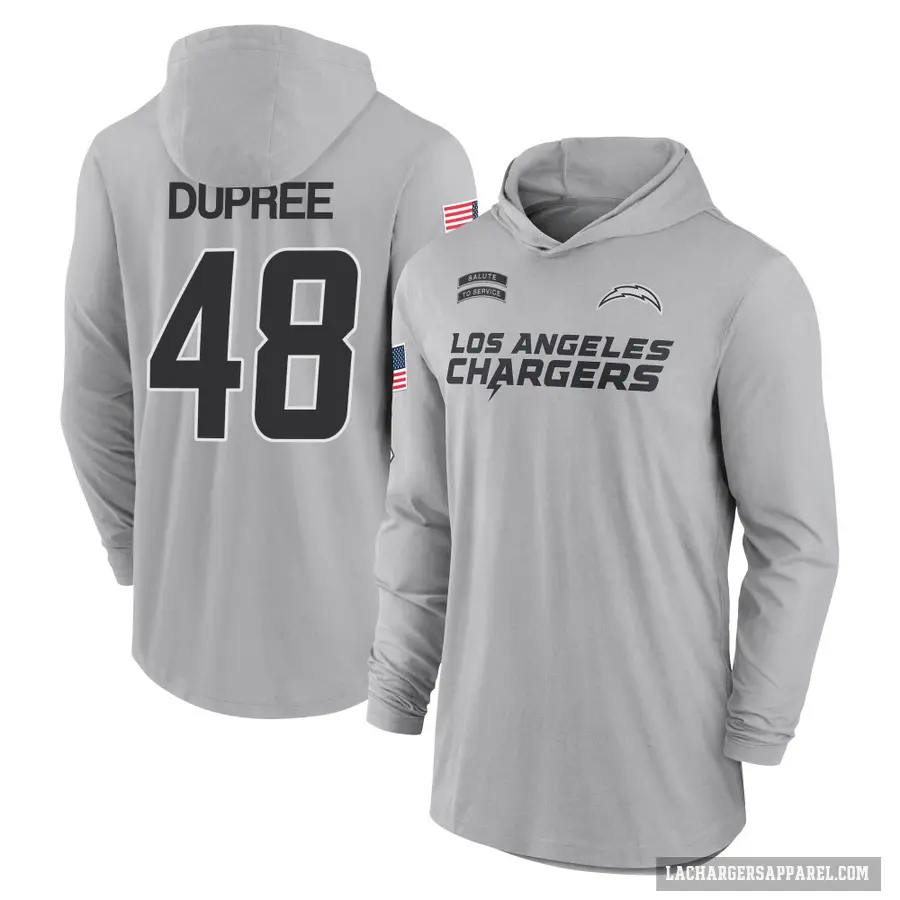Men's ＃48 Bud Dupree Los Angeles Chargers Gray 2024 Salute to Service Lightweight Performance Long Sleeve Hooded T-Shirt
