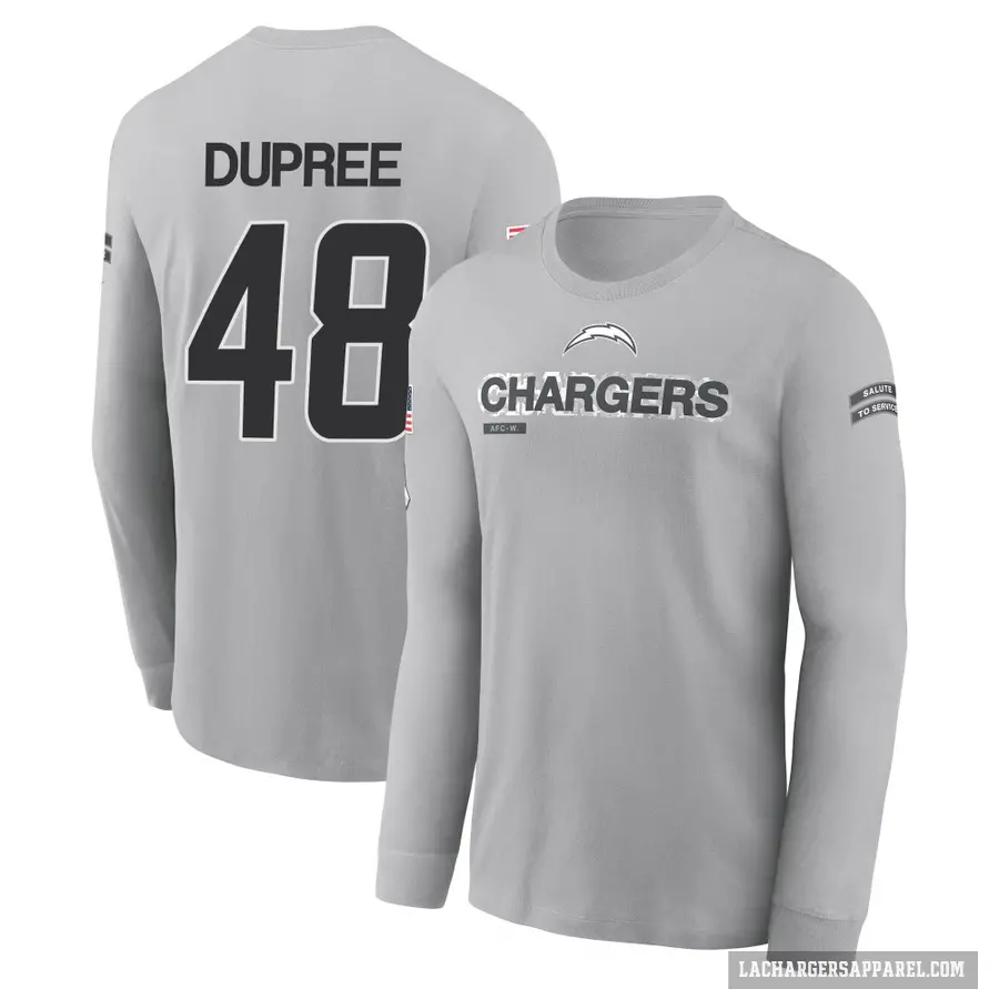 Men's ＃48 Bud Dupree Los Angeles Chargers Gray 2024 Salute to Service Long Sleeve T-Shirt