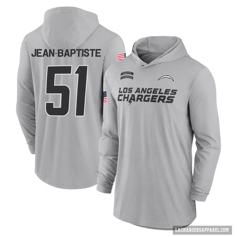 Men's ＃51 Jeremiah Jean-Baptiste Los Angeles Chargers Gray 2024 Salute to Service Lightweight Performance Long Sleeve Hooded T-S