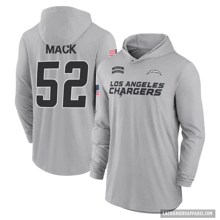 Men's ＃52 Khalil Mack Los Angeles Chargers Gray 2024 Salute to Service Lightweight Performance Long Sleeve Hooded T-Shirt