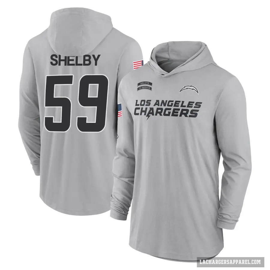 Men's ＃59 Ty Shelby Los Angeles Chargers Gray 2024 Salute to Service Lightweight Performance Long Sleeve Hooded T-Shirt