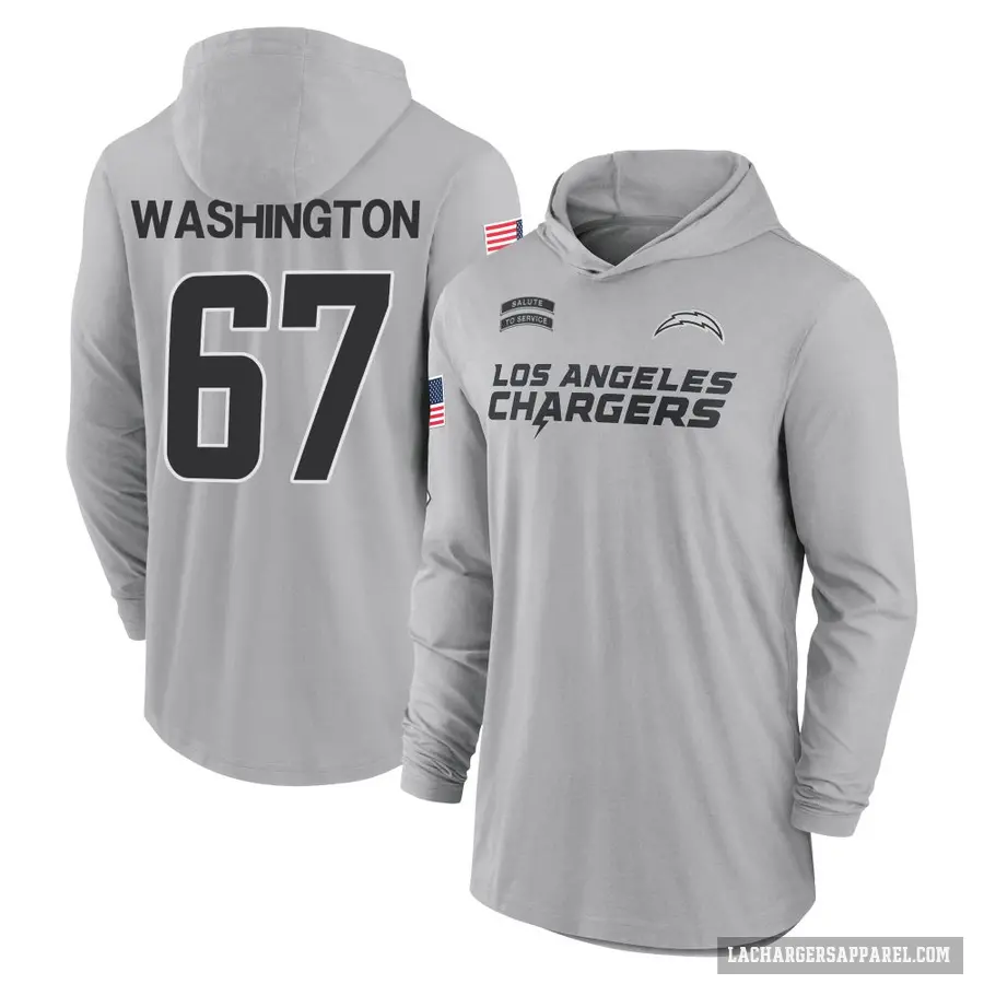 Men's ＃67 Savion Washington Los Angeles Chargers Gray 2024 Salute to Service Lightweight Performance Long Sleeve Hooded T-Shirt