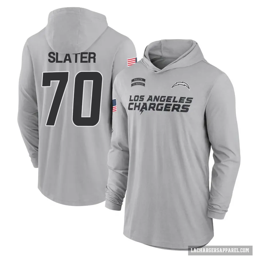 Men's ＃70 Rashawn Slater Los Angeles Chargers Gray 2024 Salute to Service Lightweight Performance Long Sleeve Hooded T-Shirt