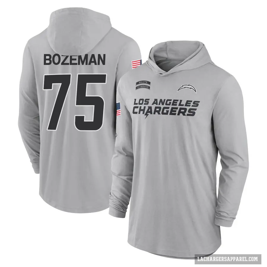 Men's ＃75 Bradley Bozeman Los Angeles Chargers Gray 2024 Salute to Service Lightweight Performance Long Sleeve Hooded T-Shirt
