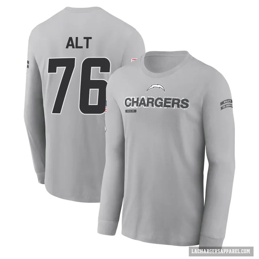 Men's ＃76 Joe Alt Los Angeles Chargers Gray 2024 Salute to Service Long Sleeve T-Shirt