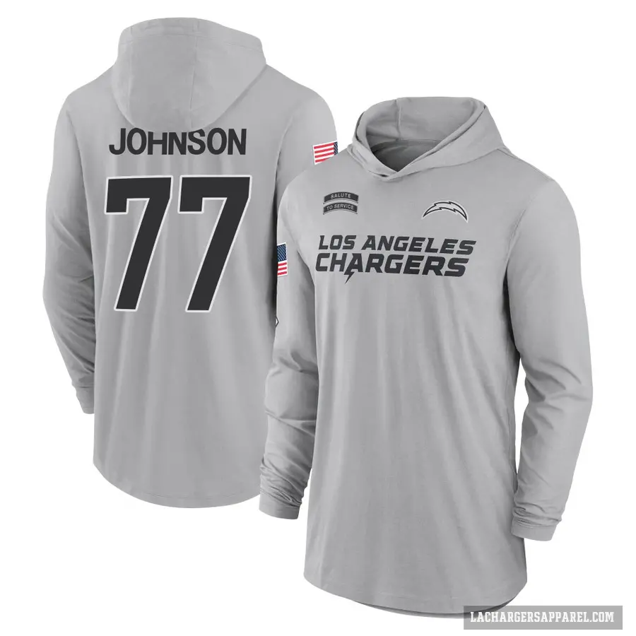 Men's ＃77 Zion Johnson Los Angeles Chargers Gray 2024 Salute to Service Lightweight Performance Long Sleeve Hooded T-Shirt