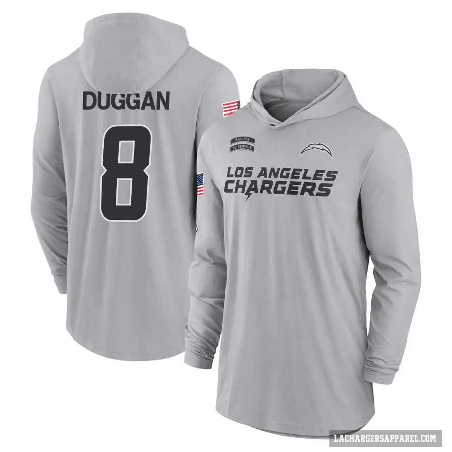 Men's ＃8 Max Duggan Los Angeles Chargers Gray 2024 Salute to Service Lightweight Performance Long Sleeve Hooded T-Shirt