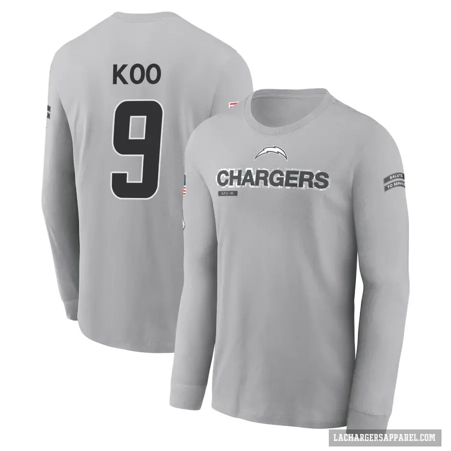 Men's ＃9 Younghoe Koo Los Angeles Chargers Gray 2024 Salute to Service Long Sleeve T-Shirt