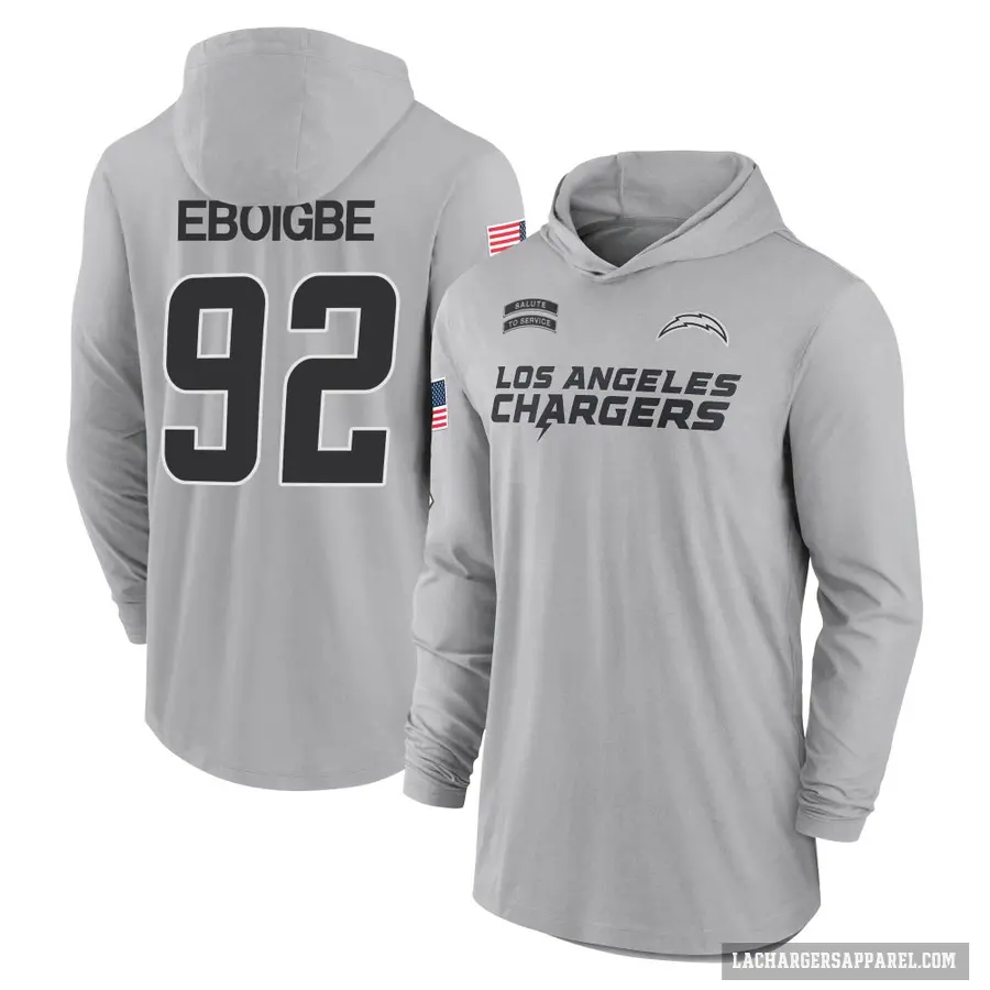 Men's ＃92 Justin Eboigbe Los Angeles Chargers Gray 2024 Salute to Service Lightweight Performance Long Sleeve Hooded T-Shirt