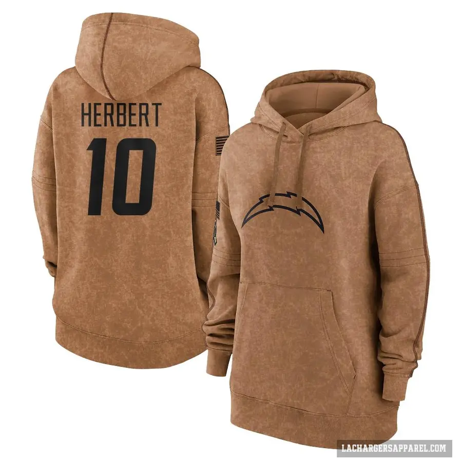Women's ＃10 Justin Herbert Los Angeles Chargers Brown 2023 Salute To Service Pullover Hoodie