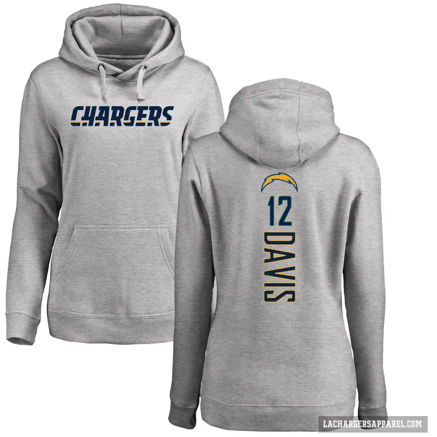 Women's ＃12 Derius Davis Los Angeles Chargers Gray Pro Line by Branded Heather Name & Number Pullover Hoodie