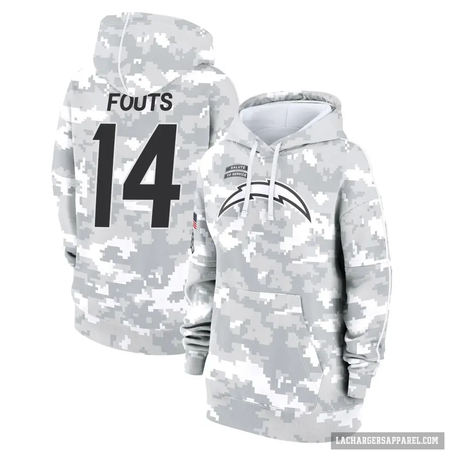 Women's ＃14 Dan Fouts Los Angeles Chargers Arctic Camo 2024 Salute to Service Club Fleece Pullover Hoodie