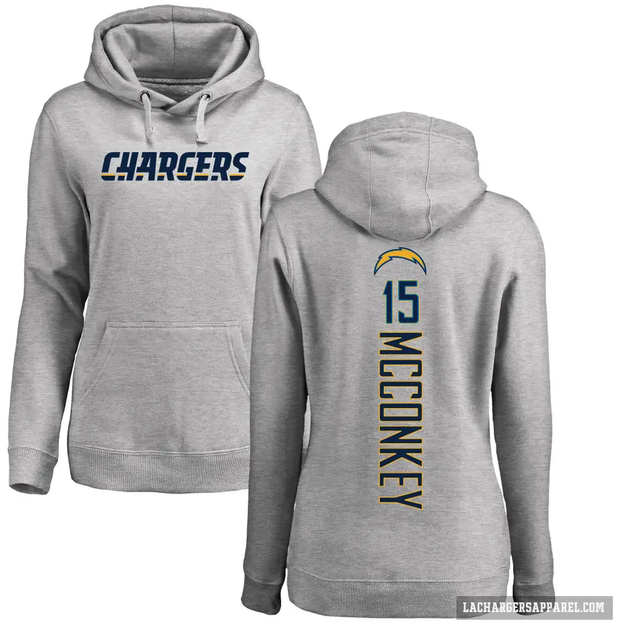Women's ＃15 Ladd McConkey Los Angeles Chargers Gray Pro Line by Branded Heather Name & Number Pullover Hoodie