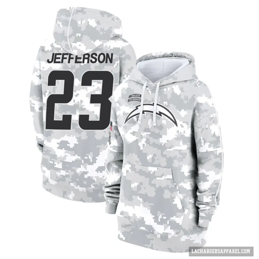 Women's ＃23 Tony Jefferson Los Angeles Chargers Arctic Camo 2024 Salute to Service Club Fleece Pullover Hoodie