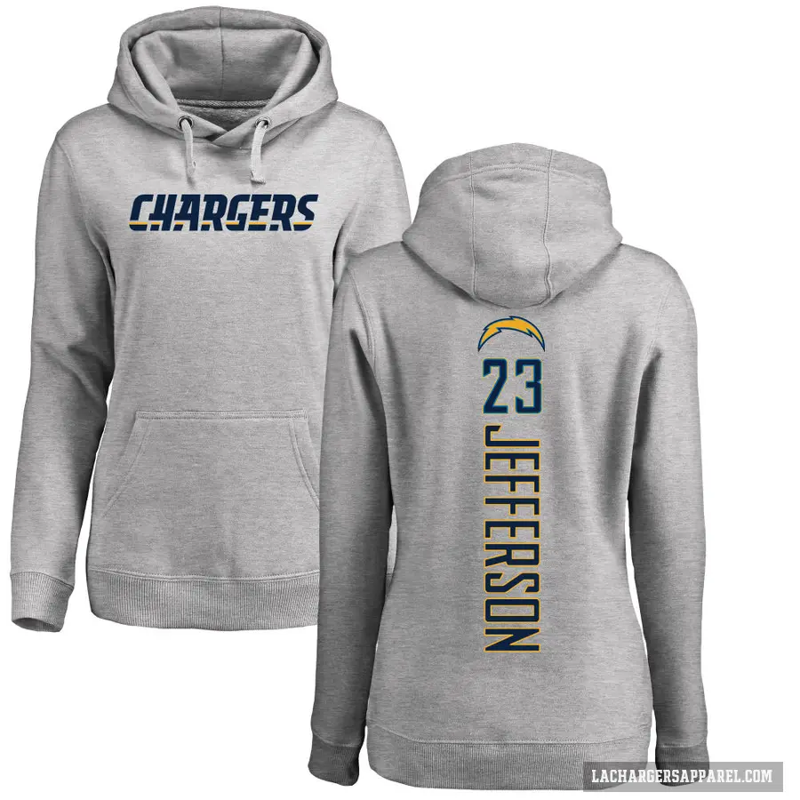 Women's ＃23 Tony Jefferson Los Angeles Chargers Gray Pro Line by Branded Heather Name & Number Pullover Hoodie