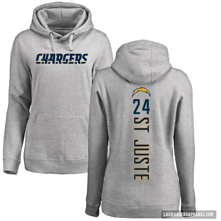 Women's ＃24 Benjamin St-Juste Los Angeles Chargers Gray Pro Line by Branded Heather Name & Number Pullover Hoodie
