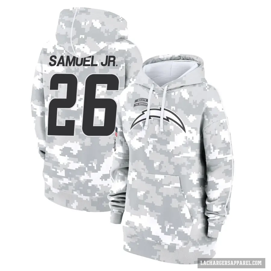Women's ＃26 Asante Samuel Jr. Los Angeles Chargers Arctic Camo 2024 Salute to Service Club Fleece Pullover Hoodie