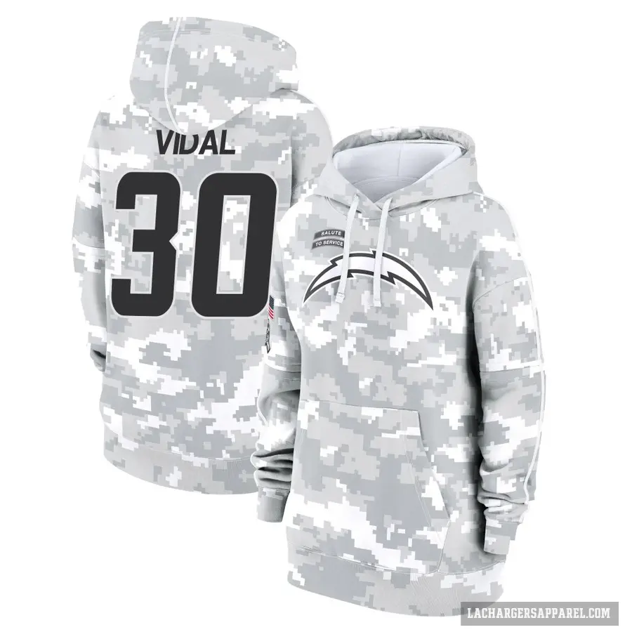Women's ＃30 Kimani Vidal Los Angeles Chargers Arctic Camo 2024 Salute to Service Club Fleece Pullover Hoodie