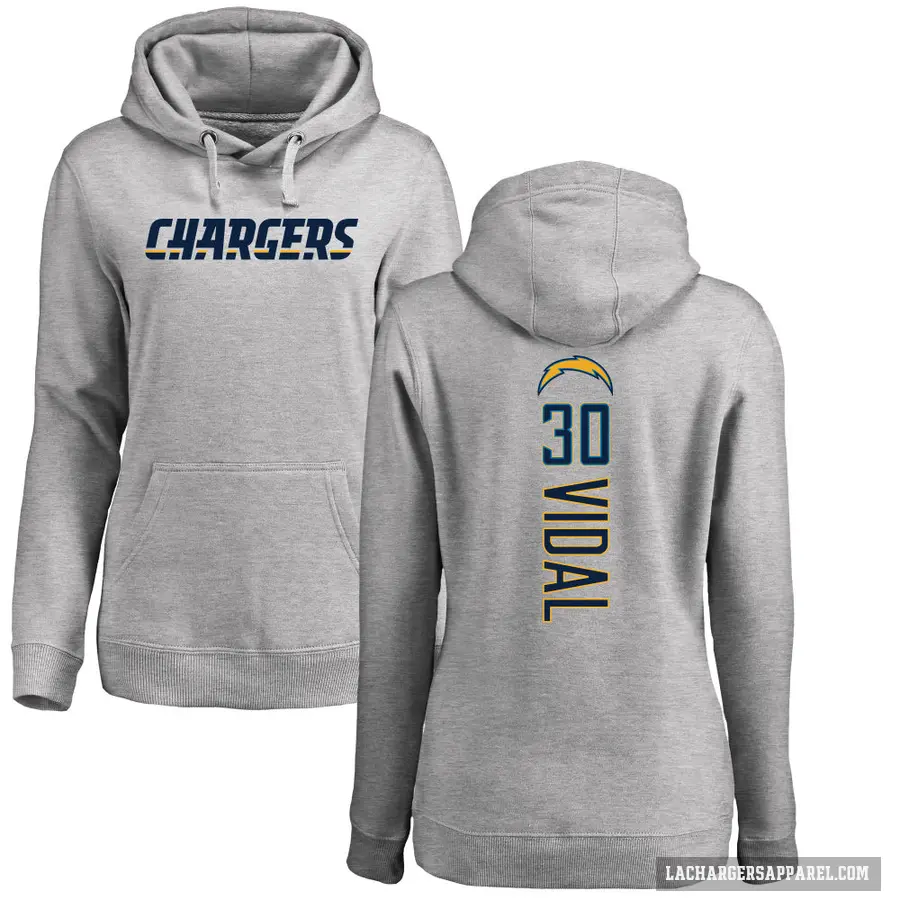 Women's ＃30 Kimani Vidal Los Angeles Chargers Gray Pro Line by Branded Heather Name & Number Pullover Hoodie
