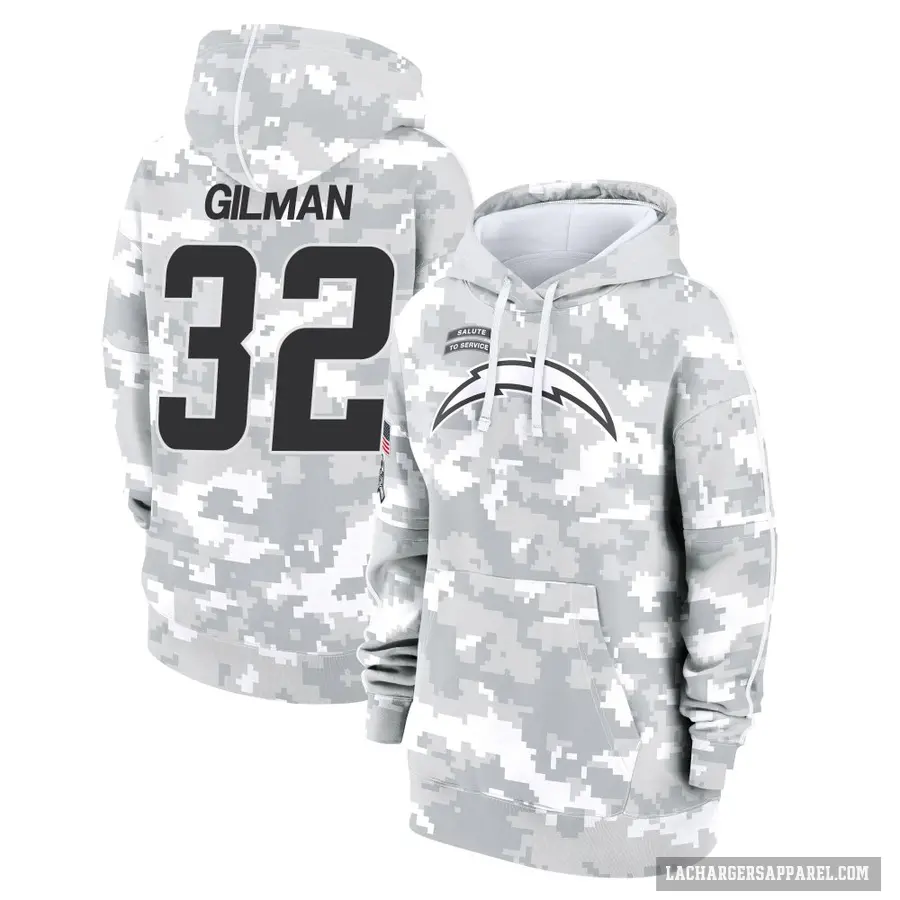 Women's ＃32 Alohi Gilman Los Angeles Chargers Arctic Camo 2024 Salute to Service Club Fleece Pullover Hoodie