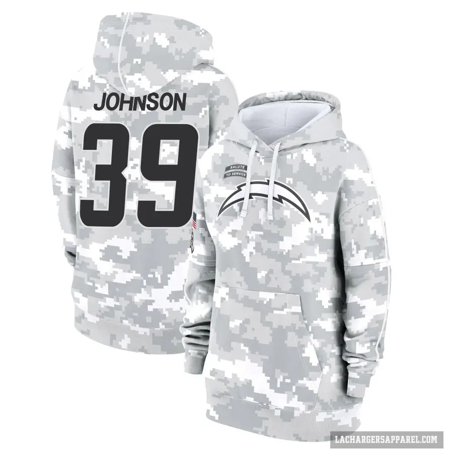 Women's ＃39 Jaylen Johnson Los Angeles Chargers Arctic Camo 2024 Salute to Service Club Fleece Pullover Hoodie