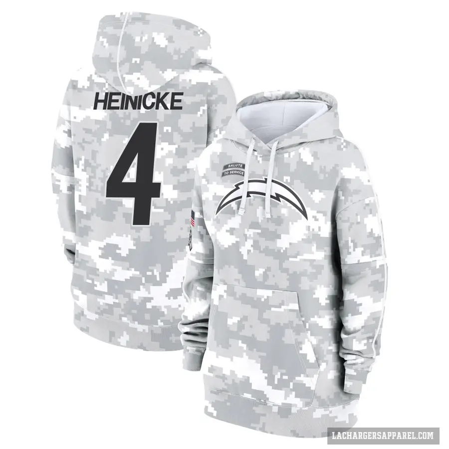 Women's ＃4 Taylor Heinicke Los Angeles Chargers Arctic Camo 2024 Salute to Service Club Fleece Pullover Hoodie