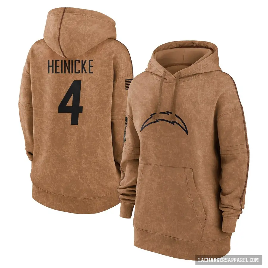 Women's ＃4 Taylor Heinicke Los Angeles Chargers Brown 2023 Salute To Service Pullover Hoodie