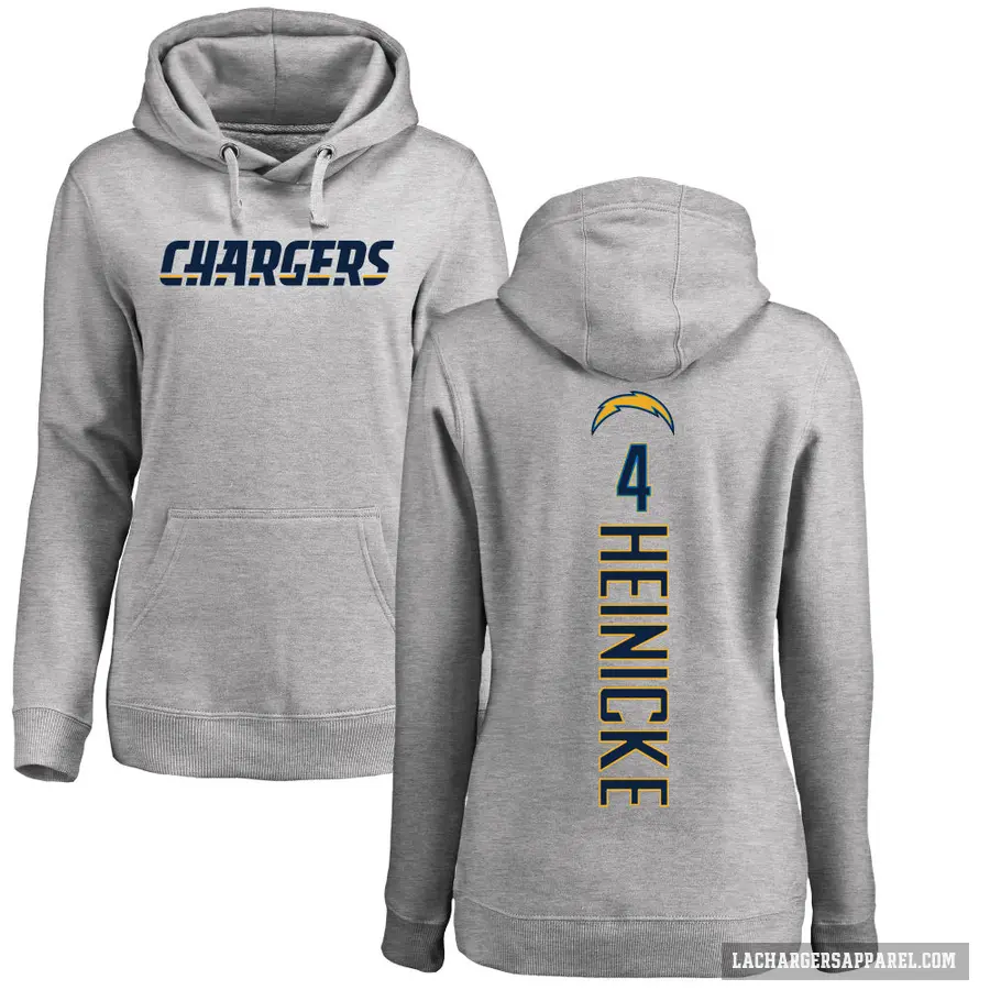 Women's ＃4 Taylor Heinicke Los Angeles Chargers Gray Pro Line by Branded Heather Name & Number Pullover Hoodie