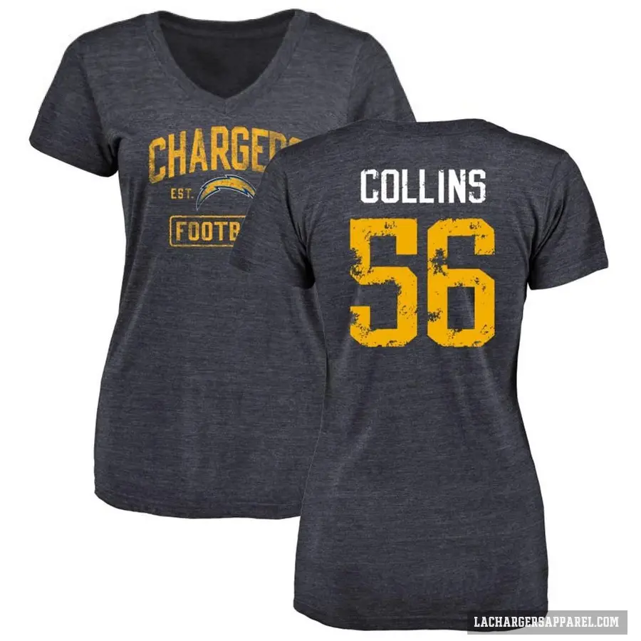 Women's ＃56 Chris Collins Los Angeles Chargers Navy Distressed Slim Fit V-Neck T-Shirt