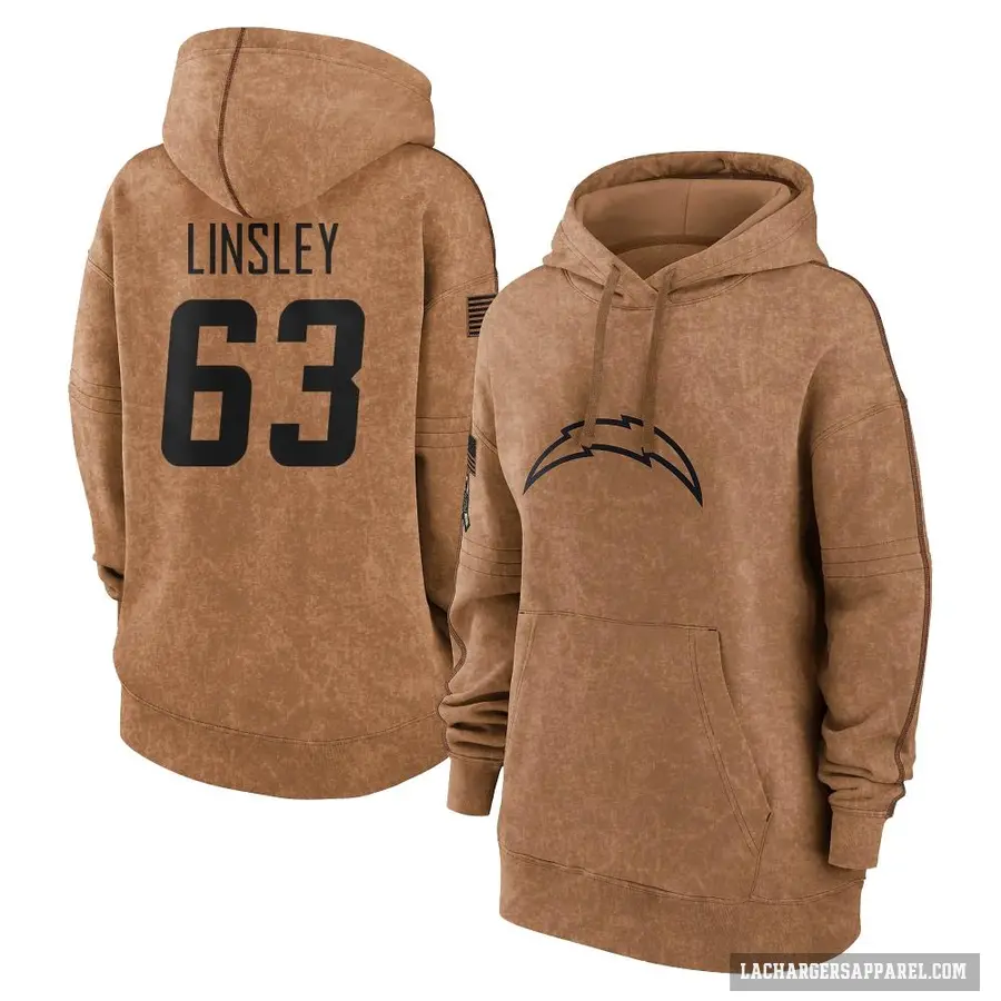 Women's ＃63 Corey Linsley Los Angeles Chargers Brown 2023 Salute To Service Pullover Hoodie