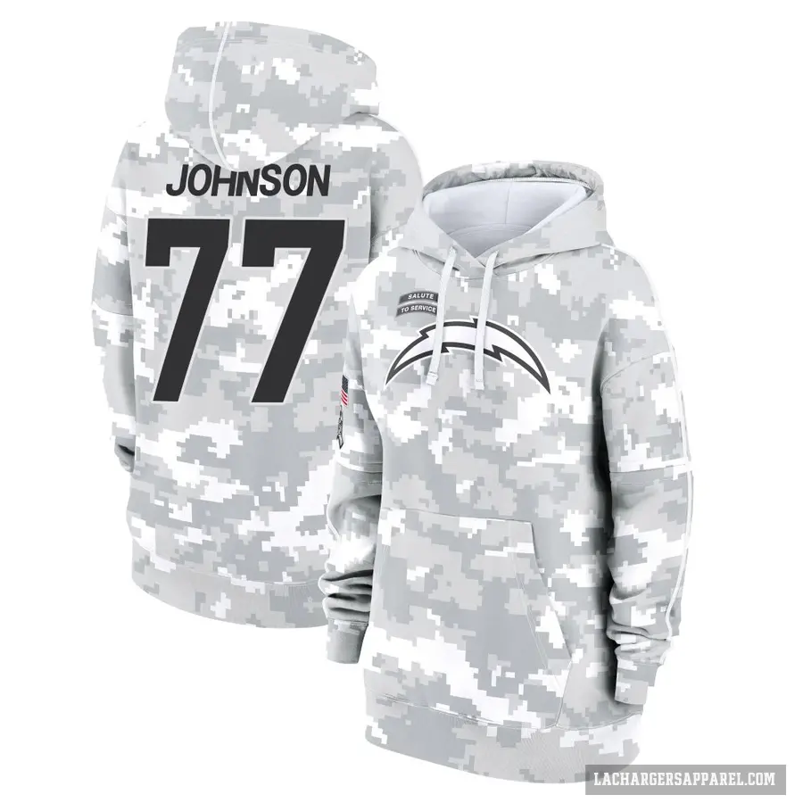 Women's ＃77 Zion Johnson Los Angeles Chargers Arctic Camo 2024 Salute to Service Club Fleece Pullover Hoodie
